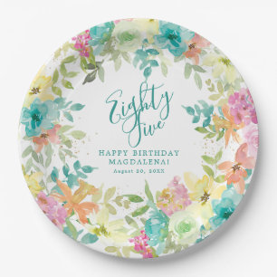 85th Birthday Summer Watercolor Floral Custom Paper Plate