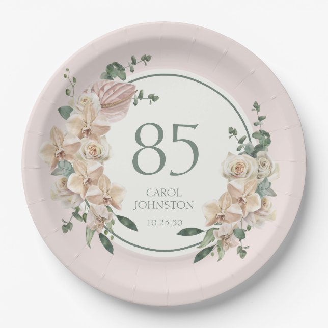 85th Birthday Tropical Floral Paper Plate (Front)
