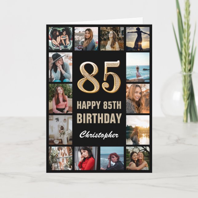 85th Happy Birthday Black and Gold Photo Collage Card (Front)