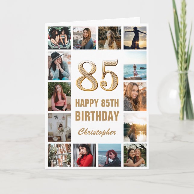 85th Happy Birthday Gold and White Photo Collage Card (Front)