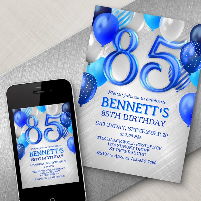 85th Mens Blue Birthday Invitation (Creator Uploaded)