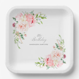 85th Party Pink Floral Custom Paper Plate