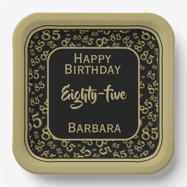 85th Party Random Number Pattern Black/Gold Paper Plate (Front)