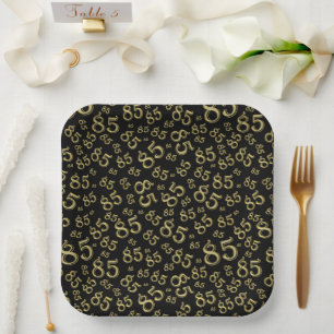 85th Party Random Number Pattern Black/Gold Paper Plate