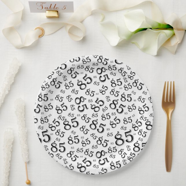85th Party Random Number Pattern Black/White Paper Plate (Wedding)