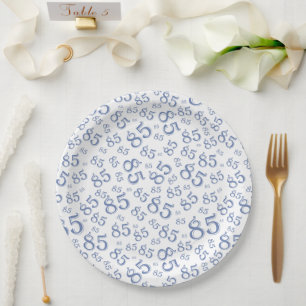 85th Party Random Number Pattern Blue/White Paper Plate