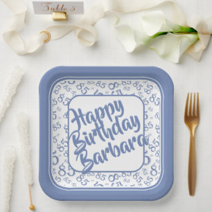 85th Party Random Number Pattern Blue/White Paper Plate