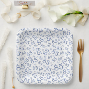 85th Party Random Number Pattern Blue/White Paper Plate