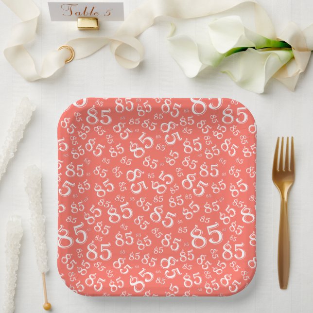 85th Party Random Number Pattern Coral No/White Paper Plate (Wedding)
