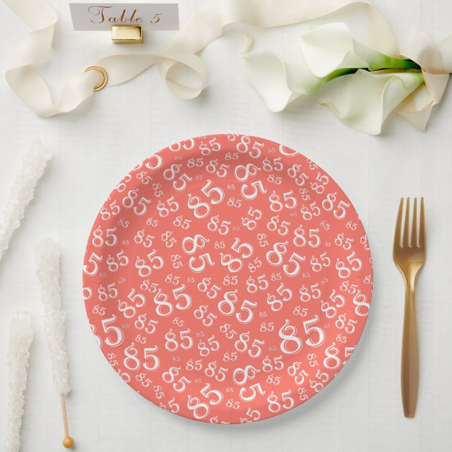 85th Party Random Number Pattern Coral No/White Paper Plate (Wedding)