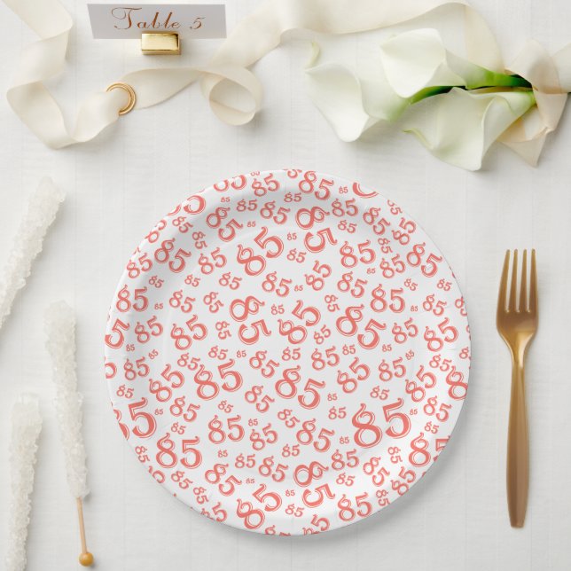 85th Party Random Number Pattern Coral/White Paper Plate (Wedding)
