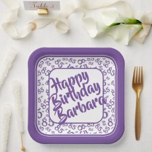 85th Party Random Number Pattern Purple/White Paper Plate