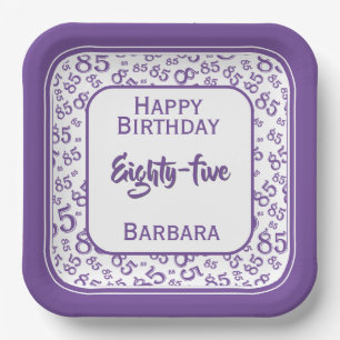 85th Party Random Number Pattern Purple/White Paper Plate