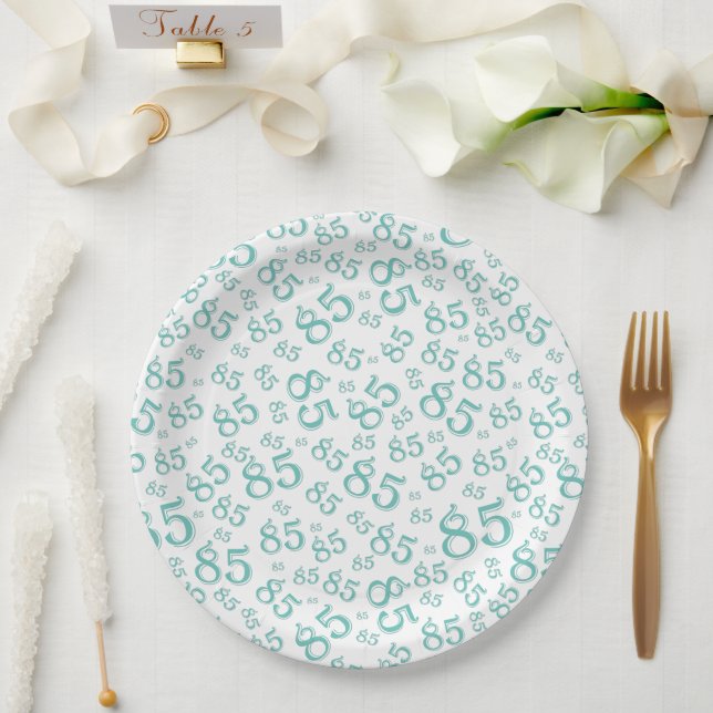 85th Party Random Number Pattern Teal/White Paper Plate (Wedding)