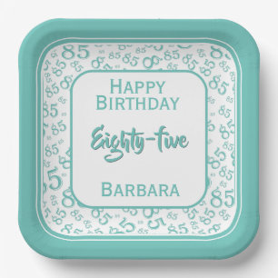 85th Party Random Number Pattern Teal/White Paper Plate