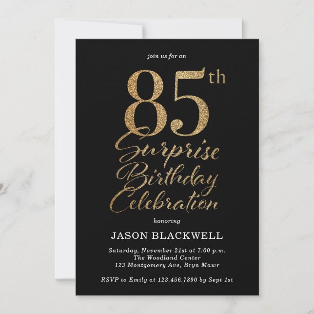 85th Surprise Birthday Party Black & Gold Invitation (Front)