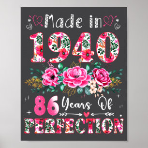86 Year Old Made In 1940 Floral 86th Birthday Wome Poster
