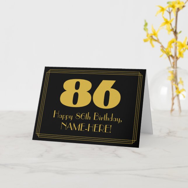 86th Birthday: Art Deco Inspired Look "86" & Name Card (Yellow Flower)