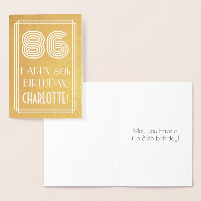 86th Birthday – Art Deco Inspired Look "86" + Name Foil Card (Display)