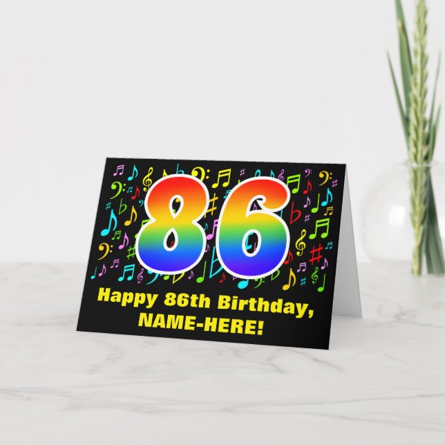 86th Birthday: Colorful Music Symbols & Rainbow 86 Card (Front)