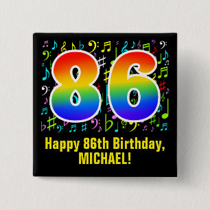 86th Birthday: Colourful Music Symbols, Rainbow 86 15 Cm Square Badge