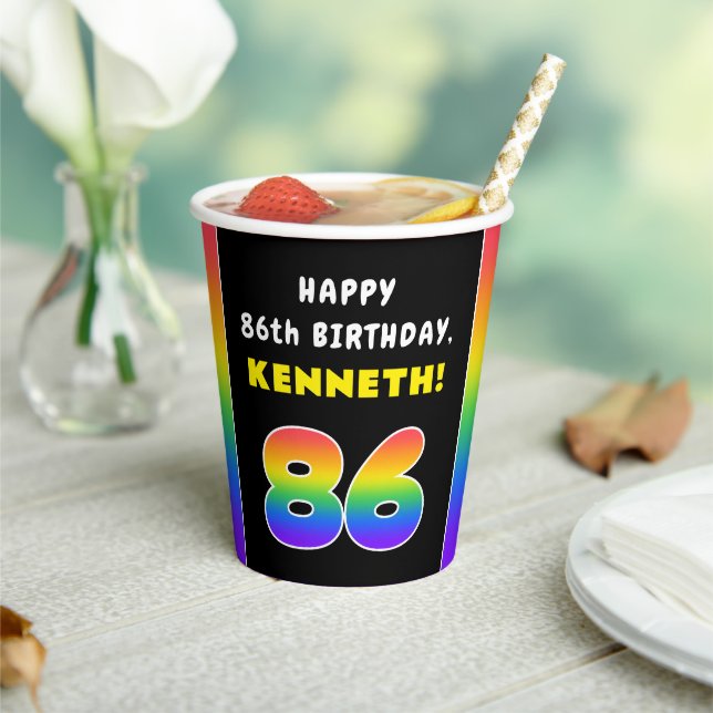 86th Birthday: Colourful Rainbow # 86, Custom Name Paper Cups (Insitu)