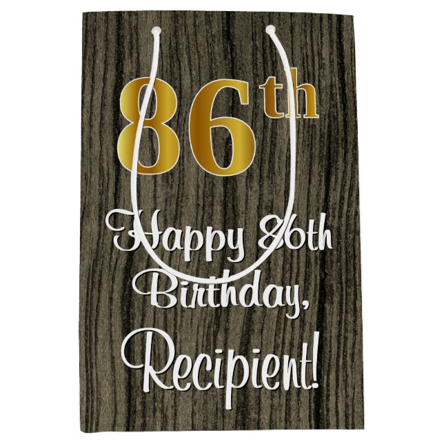 86th Birthday: Elegant Faux Gold Look #, Faux Wood Medium Gift Bag (Front)