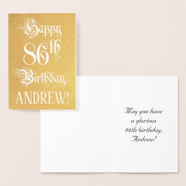 86th Birthday: Elegant, Ornate Script; Custom Name Foil Card (Display)