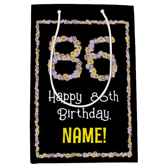 86th Birthday: Floral Flowers Number, Custom Name Medium Gift Bag (Front)
