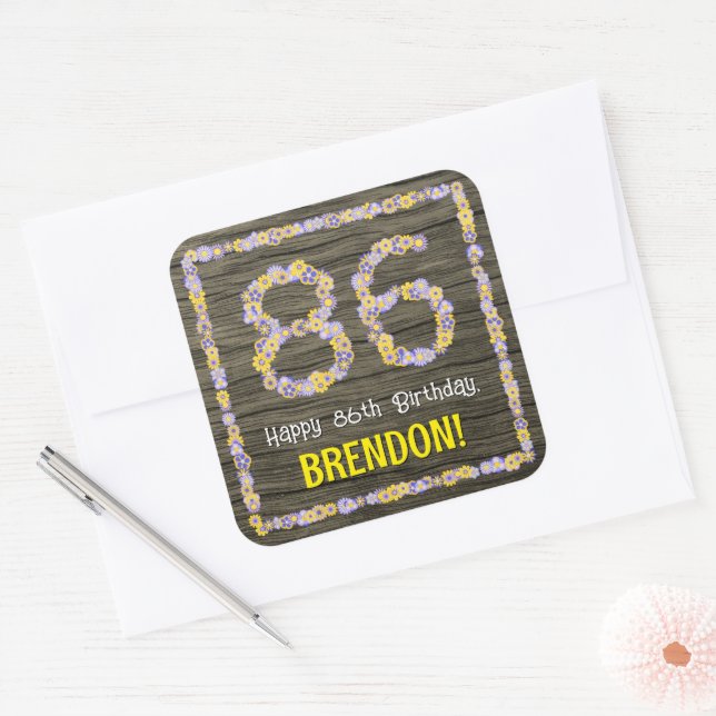 86th Birthday: Floral Number, Faux Wood Look, Name Square Sticker (Envelope)