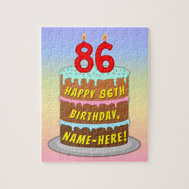 86th Birthday: Fun Cake and Candles + Custom Name Jigsaw Puzzle (Vertical)