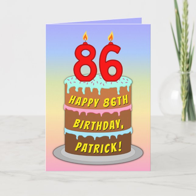 86th Birthday — Fun Cake & Candles, w/ Custom Name Card (Front)