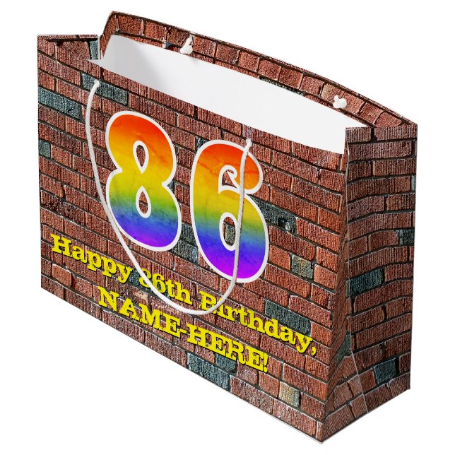 86th Birthday: Fun, Graffiti-Inspired Rainbow # 86 Large Gift Bag (Back Angled)