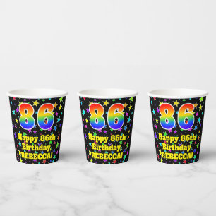 86th Birthday: Fun Stars Pattern and Rainbow 86 Paper Cups