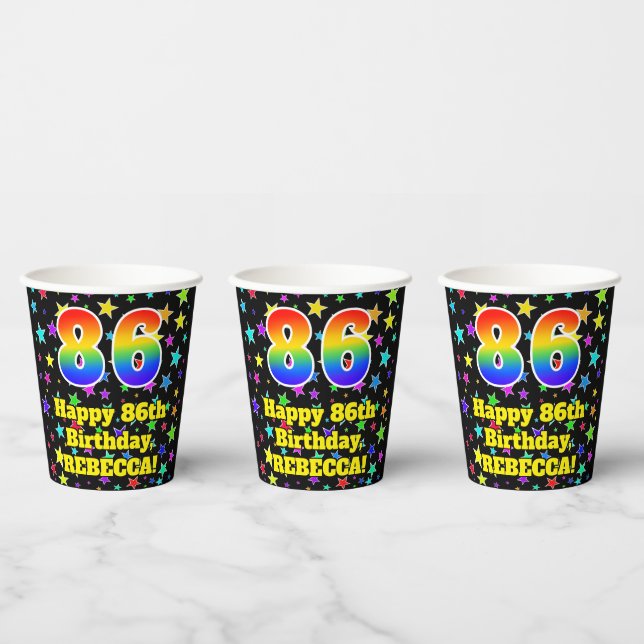 86th Birthday: Fun Stars Pattern and Rainbow 86 Paper Cups (Multi)