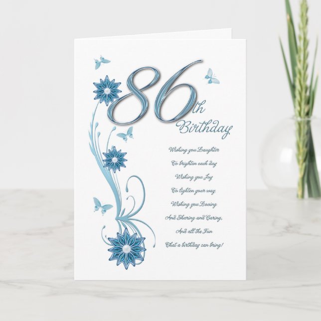 86th birthday in teal with flowers and butterfly card (Front)