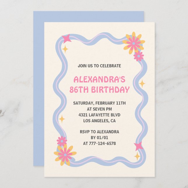 86th birthday invitation Retro Groovy Blue (Front/Back)