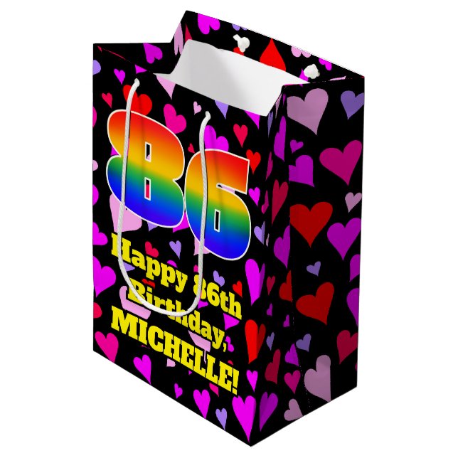86th Birthday: Loving Hearts Pattern, Rainbow # 86 Medium Gift Bag (Front Angled)