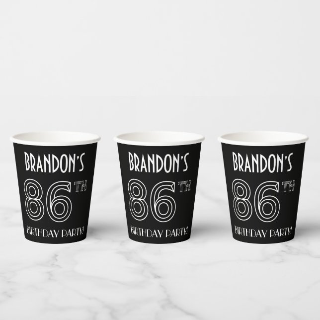 86th Birthday Party: Art Deco Style + Custom Name Paper Cups (Multi)
