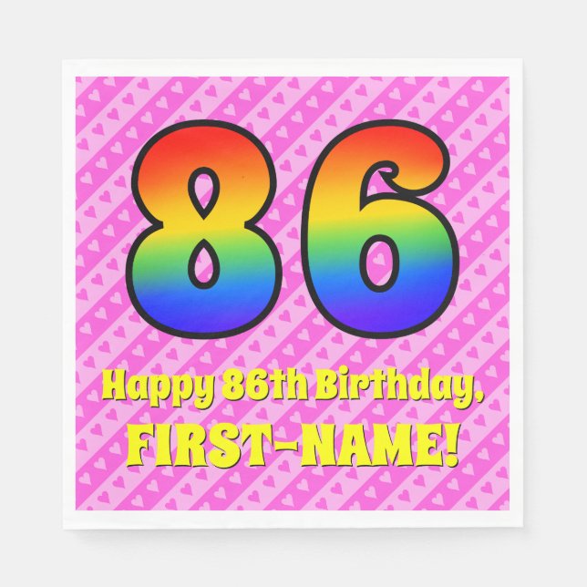 86th Birthday: Pink Stripes & Hearts, Rainbow # 86 Napkin (Front)