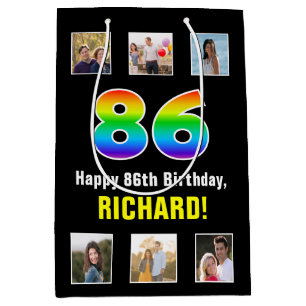 86th Birthday: Rainbow “86“, Custom Photos & Name Medium Gift Bag