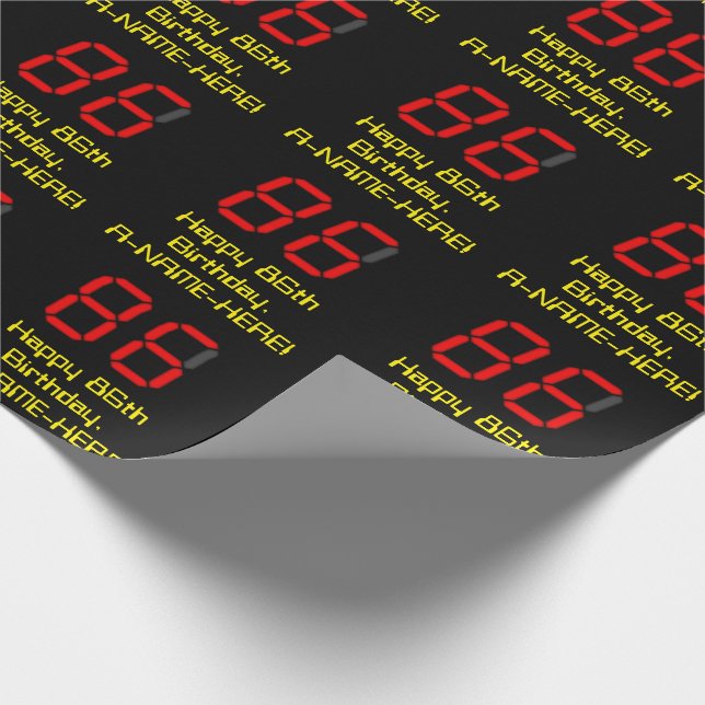 86th Birthday: Red Digital Clock Style "86" + Name Wrapping Paper (Corner)