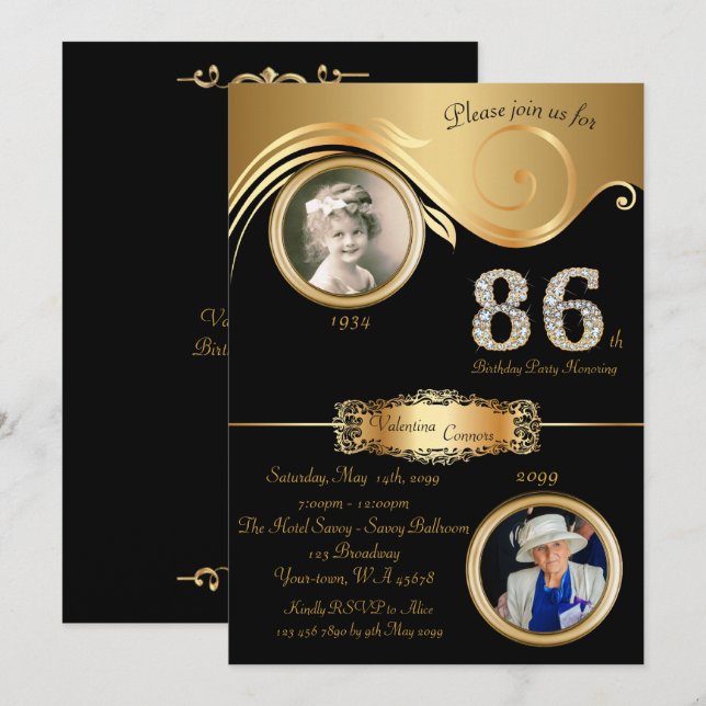 86th,Birthday Woman 86th,elegant art deco,black Invitation (Front/Back)
