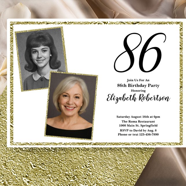 86th Custom Photo White and Gold  Invitation (Creator Uploaded)