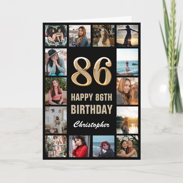 86th Happy Birthday Black and Gold Photo Collage Card (Front)