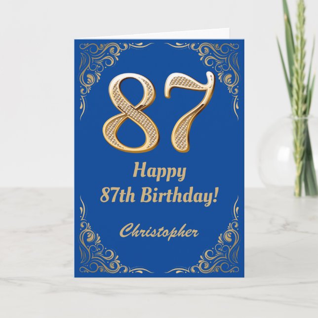 87th Birthday Blue and Gold Glitter Frame Card (Front)