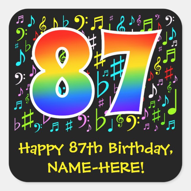 87th Birthday: Colourful Music Symbols, Rainbow 87 Square Sticker (Front)