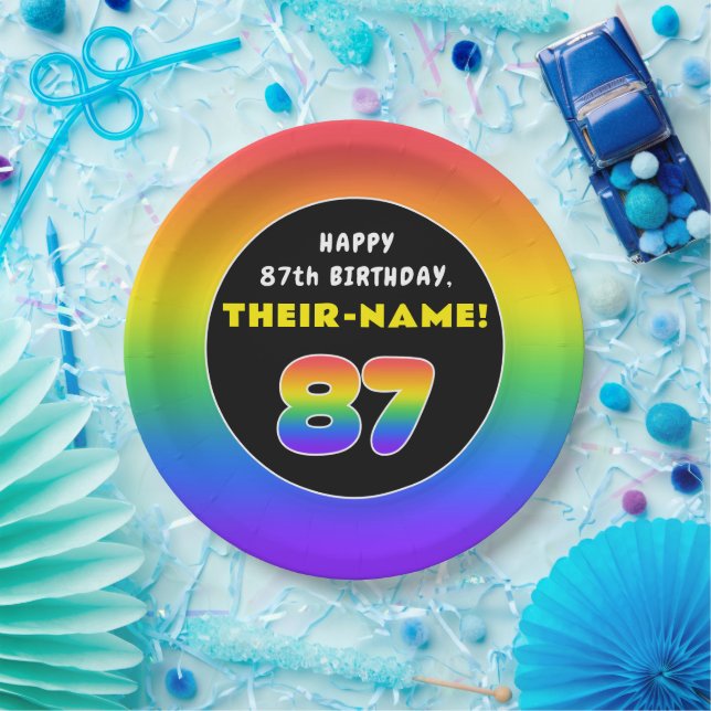 87th Birthday: Colourful Rainbow # 87, Custom Name Paper Plate (Party)
