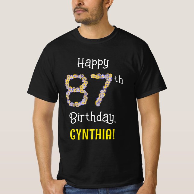 87th Birthday: Floral Flowers Number “87” + Name T-Shirt (Front)