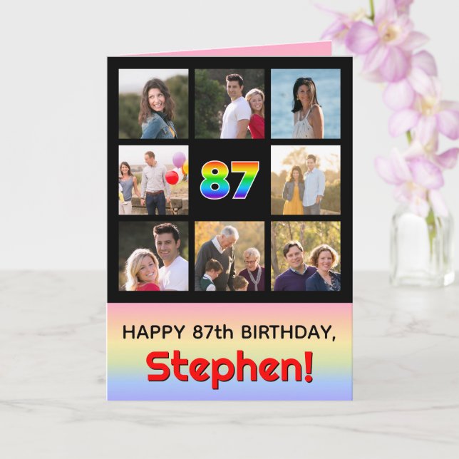 87th Birthday: Fun Rainbow #, Custom Photos + Name Card (Orchid)